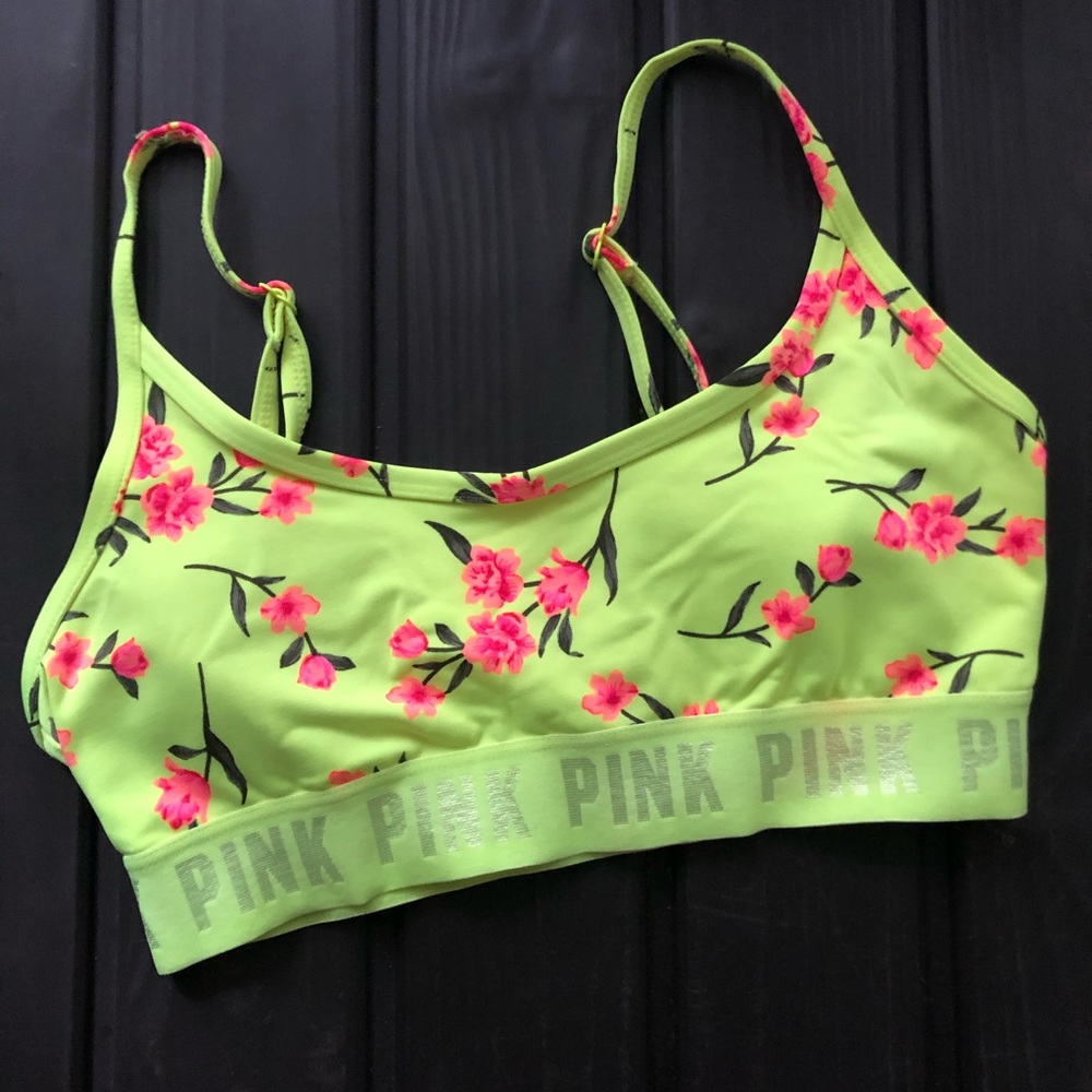 PINK by VS Neon Yellow Green Rose Sports Bra Sz S